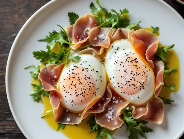 Ouă poșate cu prosciutto și rucola