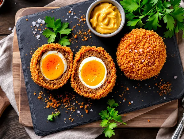 Ouă scotch cu cârnați picant și panko
