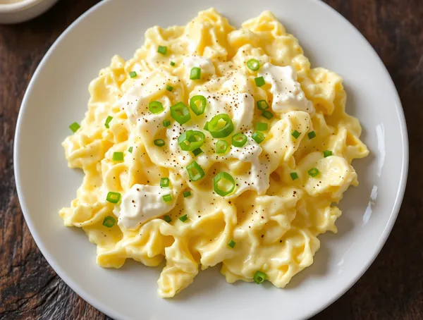 Ouă scrambled cu cremă de brânză și ceapă verde