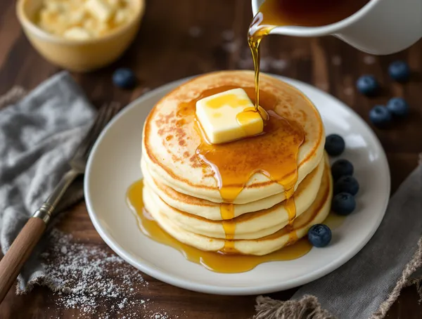 Pancakes americane cu unt și sirop de arțar