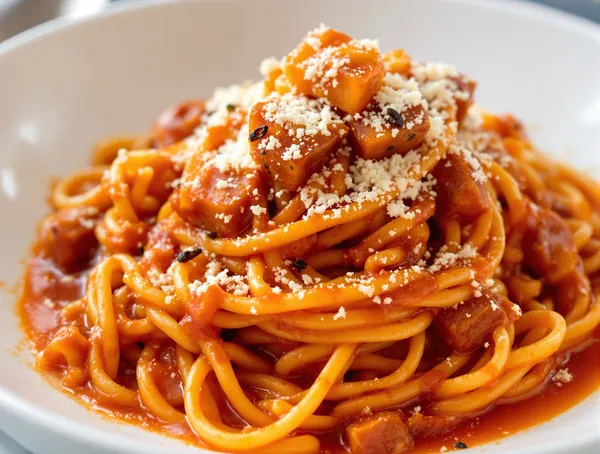 Pasta all'amatriciana cu guanciale și roșii