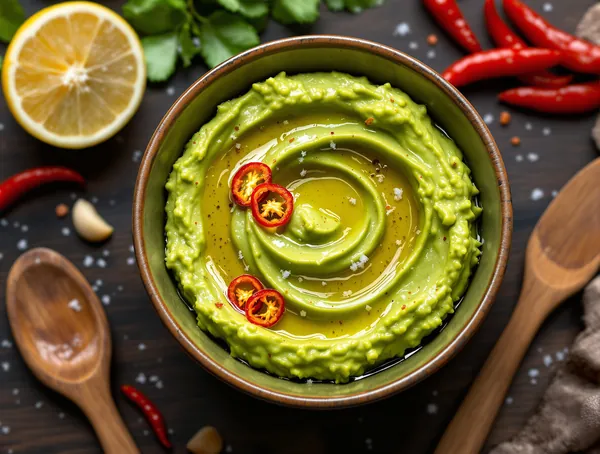 Pasta de avocado cu usturoi și ardei iute