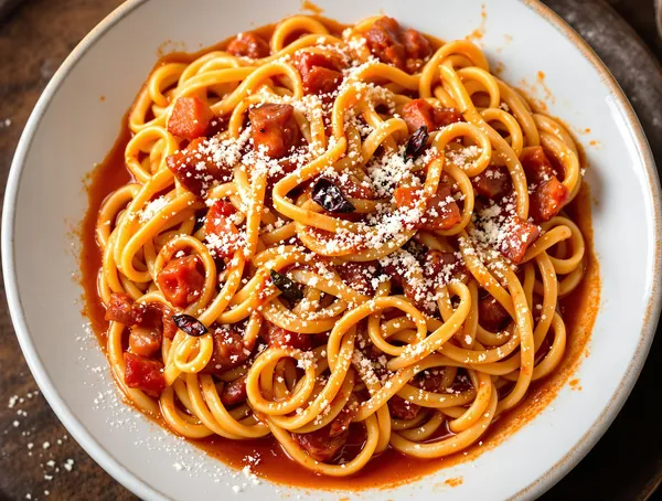 Paste bucatini all'amatriciana cu guanciale și roșii