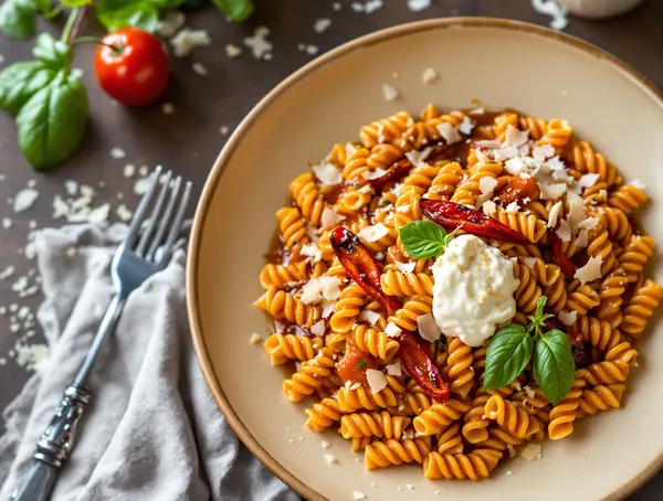 Paste fusilli cu pesto de ardei copt și ricotta