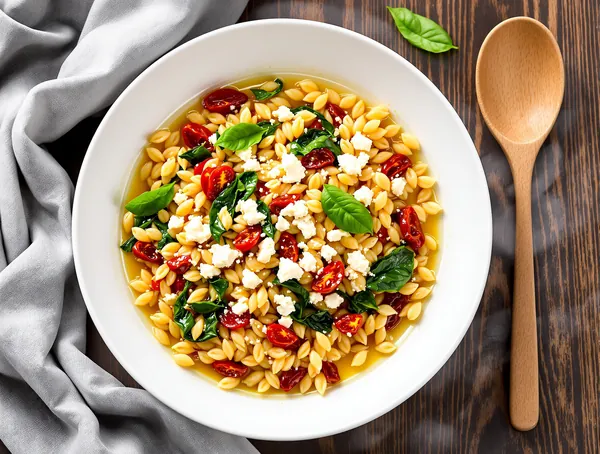 Paste orzo cu roșii uscate, feta și spanac