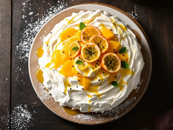 Pavlova cu mango și passionfruit