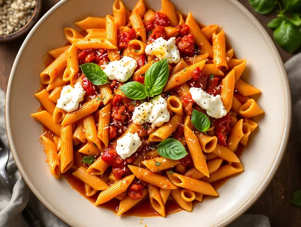 Penne cu sos de ardei copți și ricotta