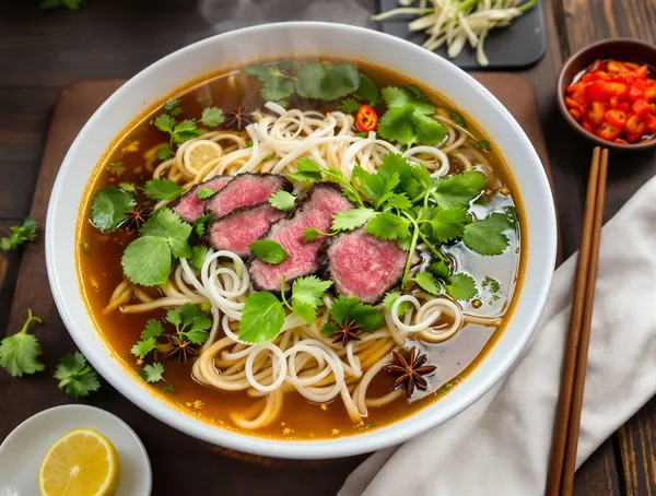 Pho bo vietnamez cu tăiței de orez și ierburi