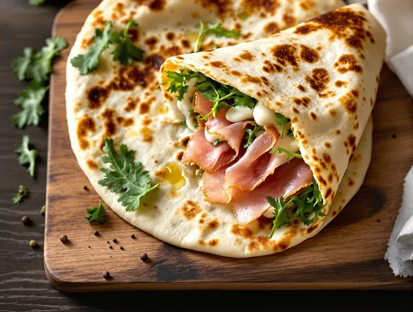 Piadă cu mozzarella, prosciutto și rucola