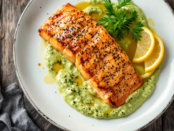 Piept de somon cu sos de avocado