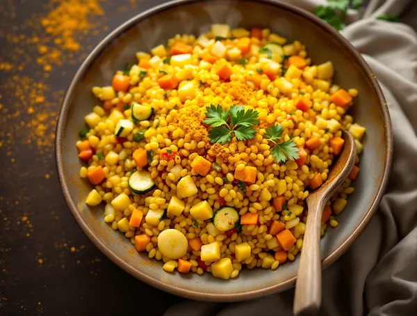 Pilaf de mei cu legume și curcumă