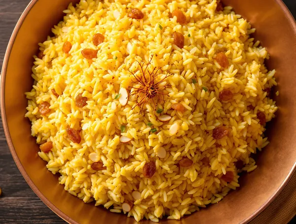 Pilaf de orez cu stafide, șofran și migdale prăjite