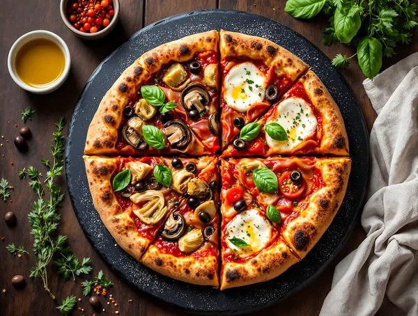 Pizza quattro stagioni cu șuncă și ciuperci