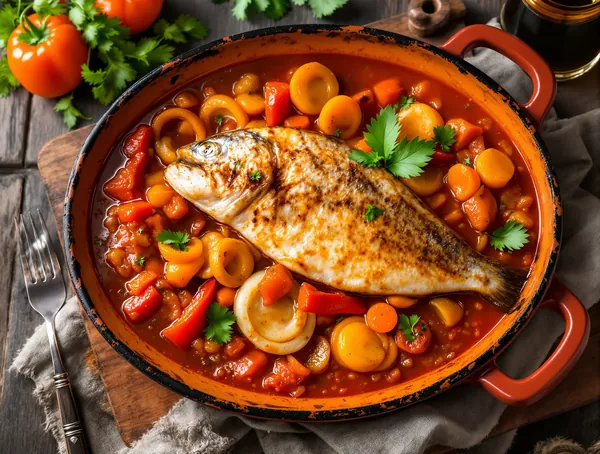 Plachie de pește cu legume și sos de roșii