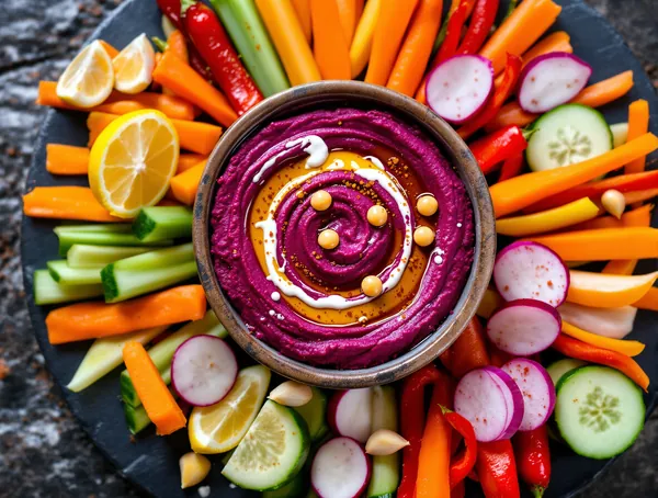 Platou de crudités cu dip de hummus de sfeclă