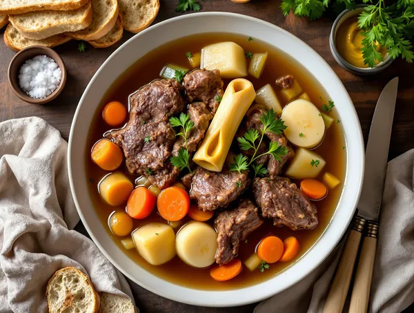 Pot-au-feu cu vită fiartă și legume