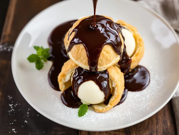 Profiterole cu înghețată de vanilie și sos de ciocolată