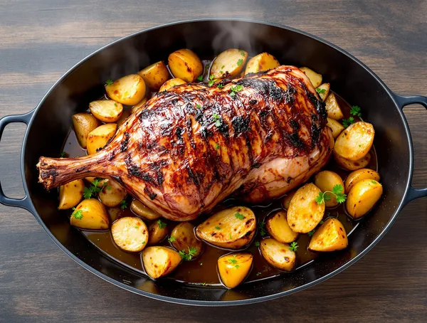 Pulpă de porc la rotiserie cu cartofi