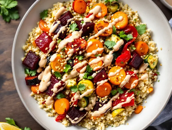 Quinoa cu legume coapte și tahini