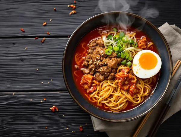 Ramyeon cu tăiței, carne și kimchi