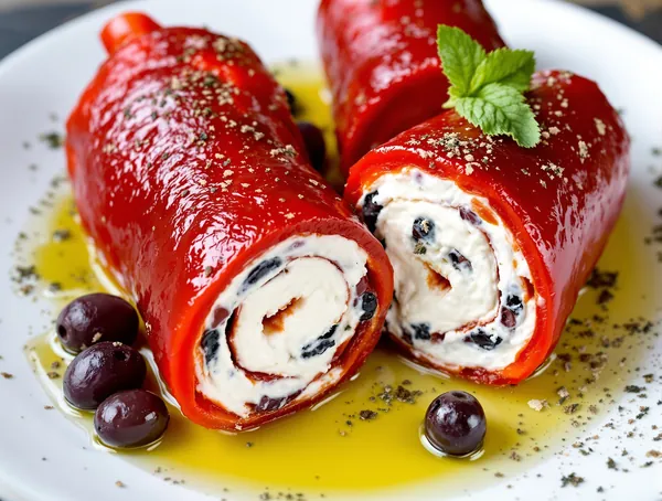 Roladă de ardei gras cu cremă de feta și măsline