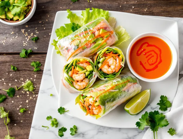 Roladă de creveți cu avocado și sos sriracha