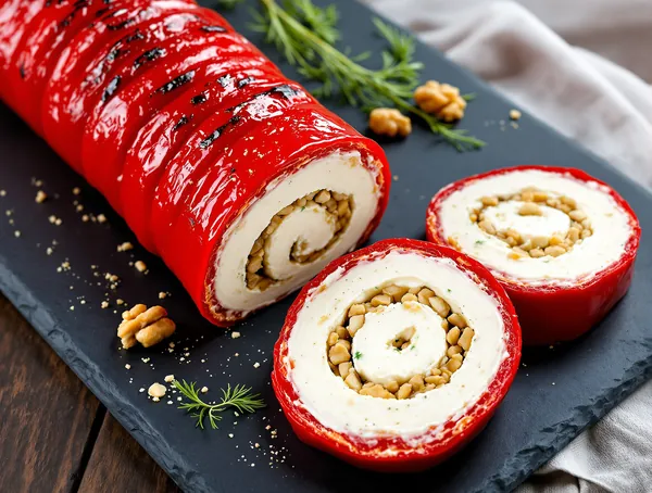 Ruladă de ardei copți cu cremă de feta și nuci