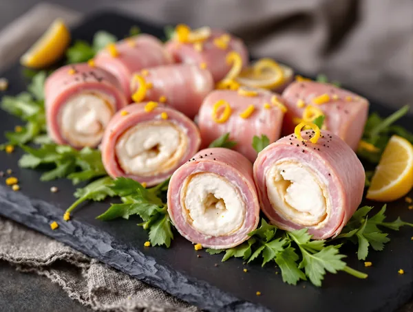 Ruladă de jambon cu cremă de hrean și rucola