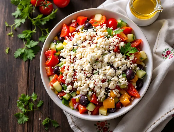 Salată bulgărească shopska cu brânză rasă și ardei