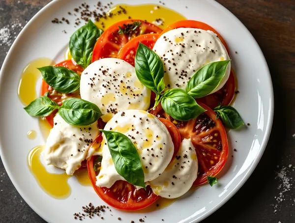 Salată Caprese cu Mozzarella di Bufala și Busuioc Proaspăt