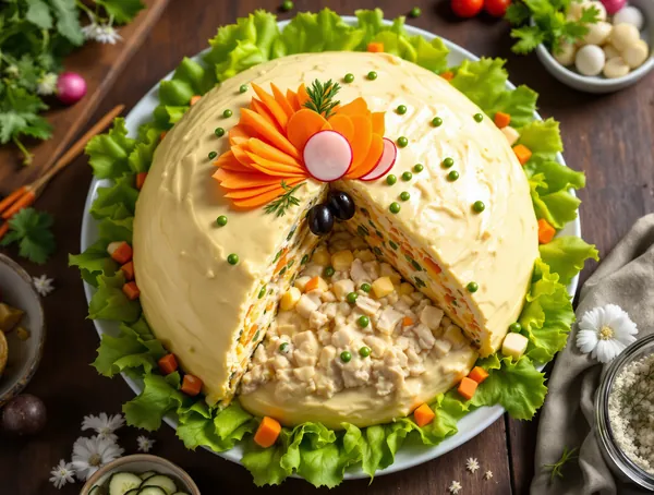 Salată de boeuf cu pui fiert și maioneză