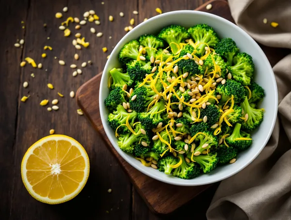 Salată de broccoli crud cu semințe de floarea-soarelui și lămâie
