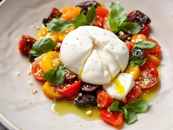 Salată de burrata cu roșii moștenite și ulei de busuioc