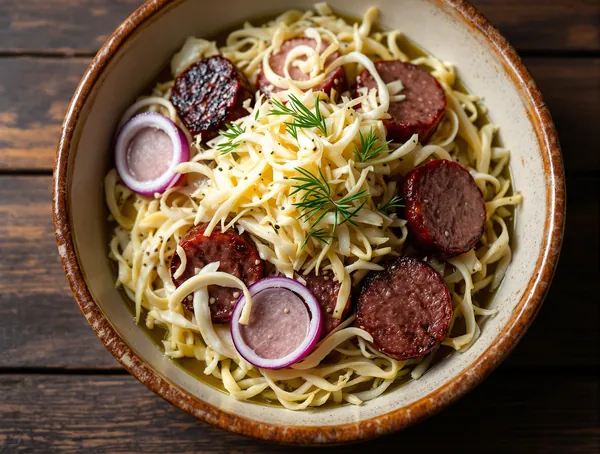 Salată de cârnați de casă cu varză murată și hrean