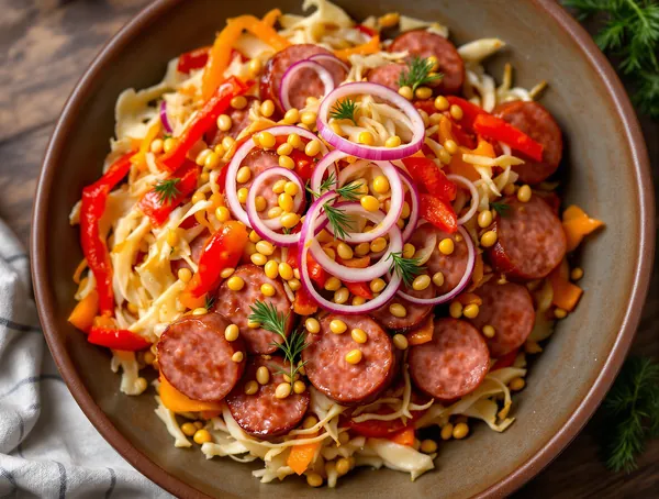 Salată de cârnați Debrecen cu varză acră și ardei