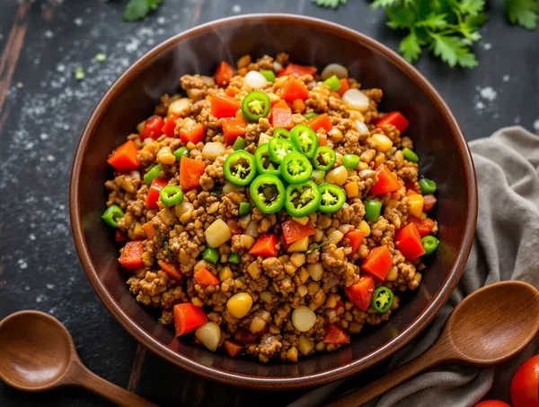 Salată de carne tocată picantă cu roșii și ardei