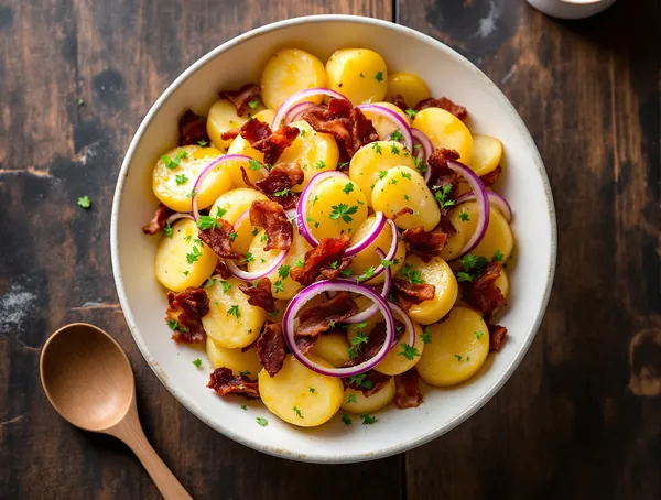 Salată de cartofi cu bacon afumat și ceapă roșie