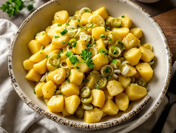 Salată de cartofi cu muștar, cornișoni și ceapă verde