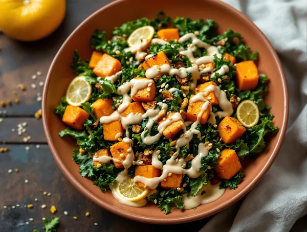 Salată de cartofi dulci cu kale și tahini afumat