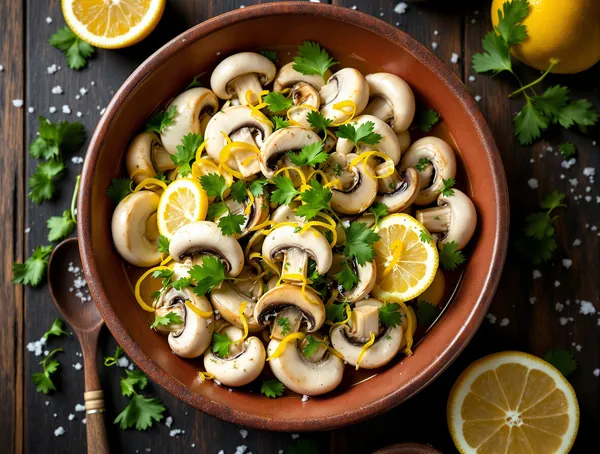 Salată de ciuperci marinate cu usturoi și lămâie