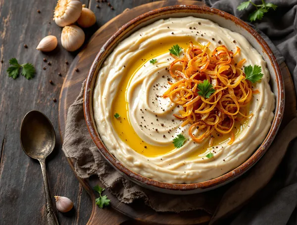 Salată de fasole bătută cu ceapă caramelizată