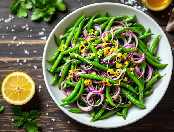 Salată de fasole verde cu ceapă roșie și dressing de lămâie