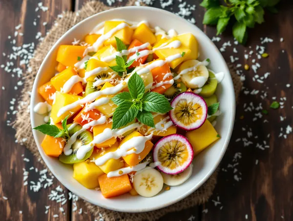 Salată de fructe exotice cu sos de iaurt și vanilie