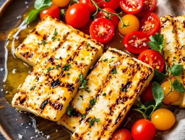 Salată de haloumi grilat cu roșii cherry și oregano