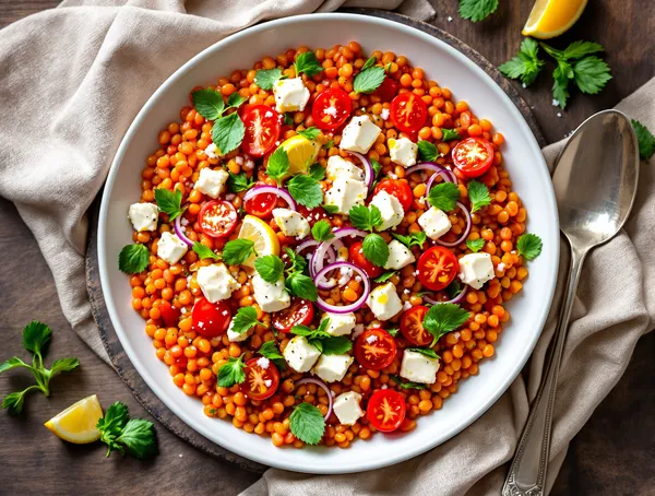 Salată de linte roșie cu feta și mentă