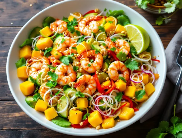 Salată de mango, avocado și creveți cu sos thai