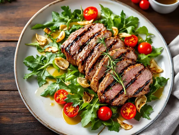 Salată de miel grilat cu rozmarin și roșii cherry