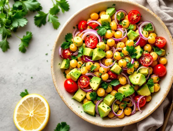 Salată de naut cu roșii cherry și avocado