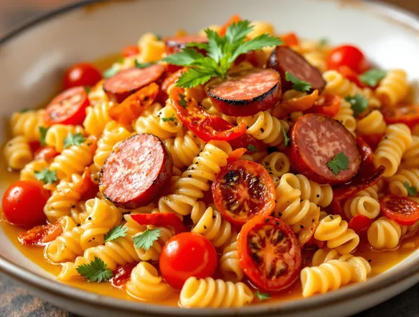 Salată de paste cu cârnați chorizo și ardei roșu