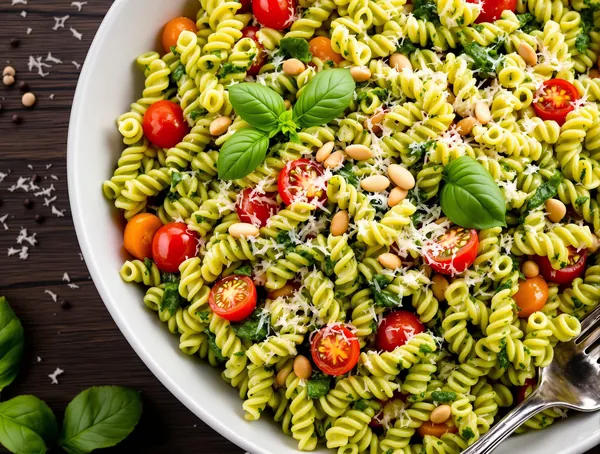 Salată de paste cu pesto de busuioc și roșii cherry